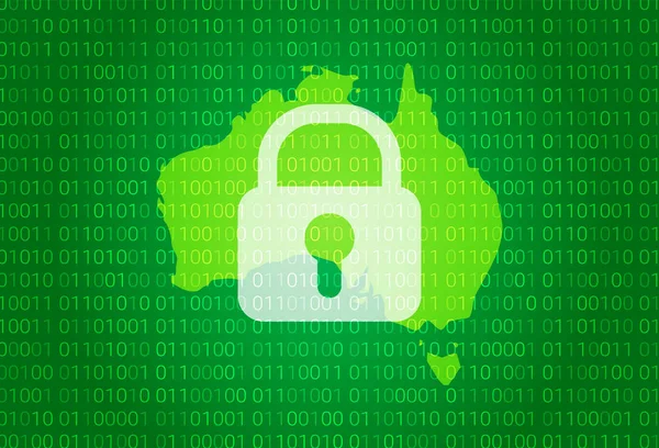 Karta över Australien. illustration med lås och binär kod bakgrund. Internet blockering, virus anfalla, sekretess skydda — Stock vektor