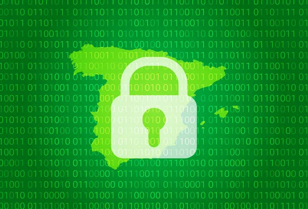 İspanya Haritası. resimde kilit ve ikili kod arka plan ile. engelleme, virüs saldırısı, Internet gizlilik korumak — Stok Vektör
