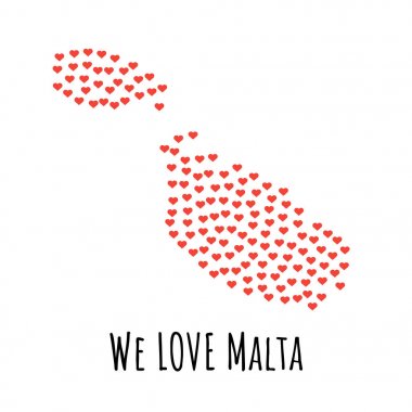 Kırmızı kalpler - aşk sembolü ile Malta Haritası. arka plan