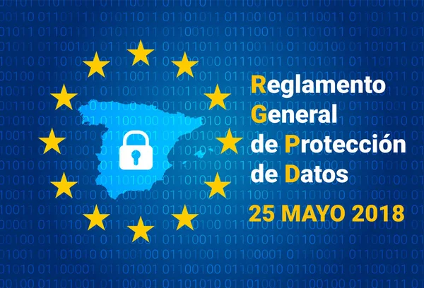 RGPD - testo spagnolo: Reglamento General de Proteccion de Datos. GDPR - Regolamento generale sulla protezione dei dati. Mappa della Spagna. vettore — Vettoriale Stock