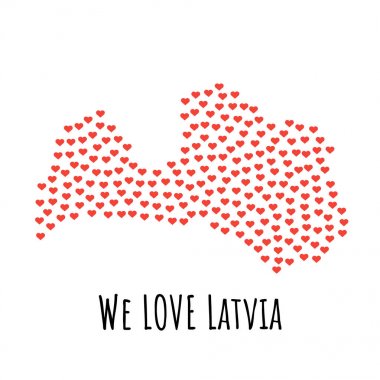 Kırmızı kalpler - aşk sembolü ile Letonya Haritası. arka plan