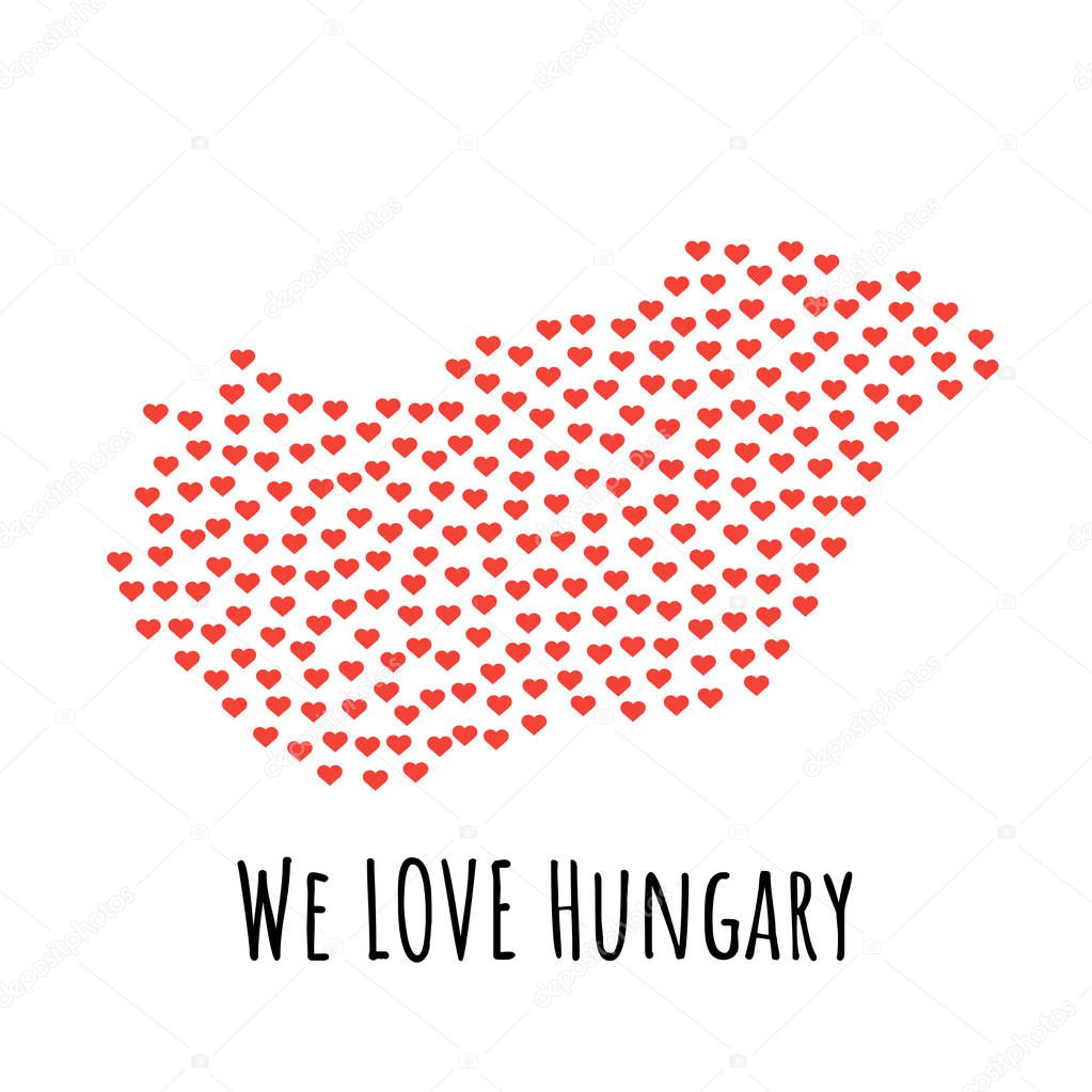 Hungary Map with red hearts - symbol of love. abstract background