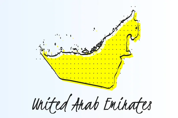Carte des Émirats arabes unis, fond abstrait demi-ton. ligne de bordure dessinée et couleur jaune — Image vectorielle