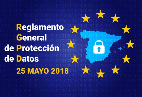 Rgpd - spanischer Text: reglamour general de proteccion de datos. gdpr - Allgemeine Datenschutzverordnung. Spanien-Karte. — Stockvektor