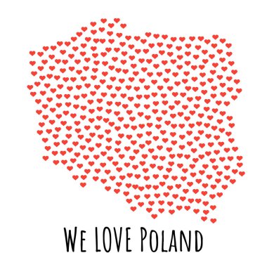 Kırmızı kalpler - aşk sembolü ile Polonya harita. arka plan