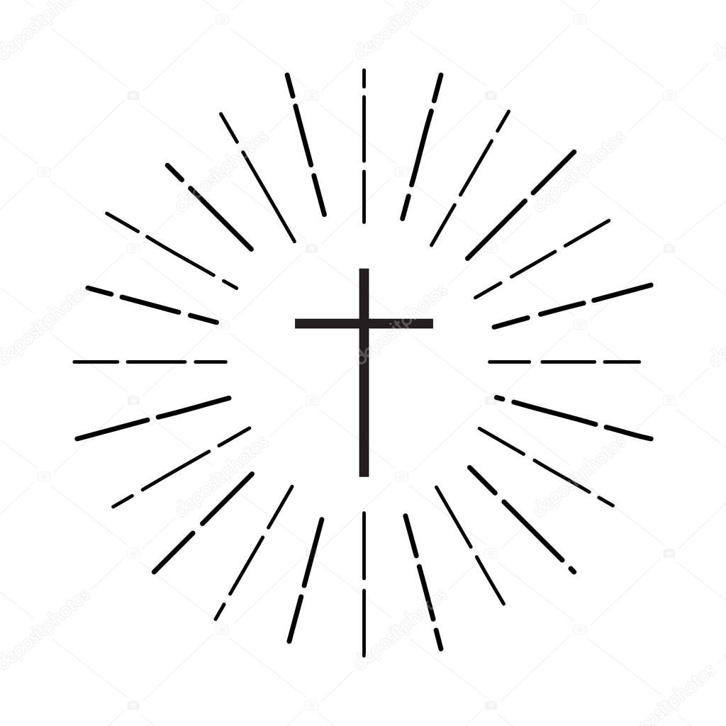 Cross logo. christian symbol in black on a white background with rays of light. church logotype. vector illustration. background for the religious organization, brochures, leaflets, book
