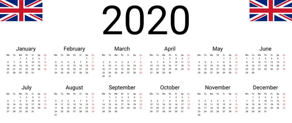 Uk 2020日历。 矢量设计模板从周一开始使用。 所有月的挂历 — 图库矢量图片