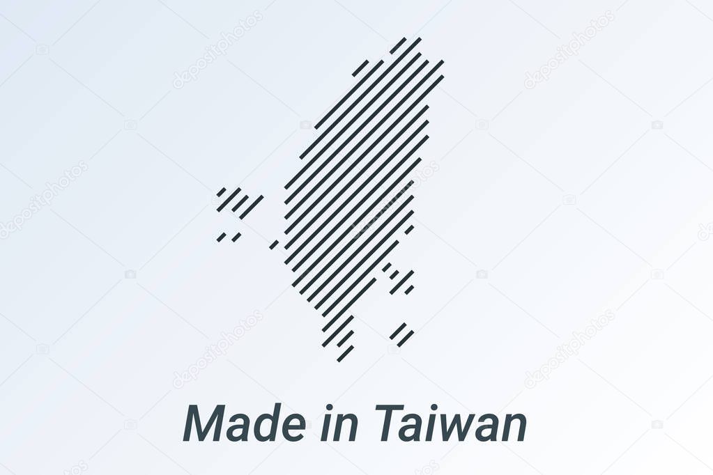Made in Taiwan, striped map in a black strip on a silver background