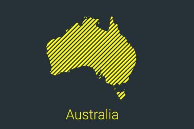 Avustralya haritası, koronavirüs bilgi grafikleri ve karantina alanı işaretleyicileri ve kısıtlamaları için sarı arka planda siyah şeritli bir harita. vektör