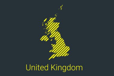 Birleşik Krallık haritası, koronavirüs bilgi grafikleri ve karantina alanı işaretleyicileri ve kısıtlamaları için sarı arka planda siyah şeritli bir harita. vektör