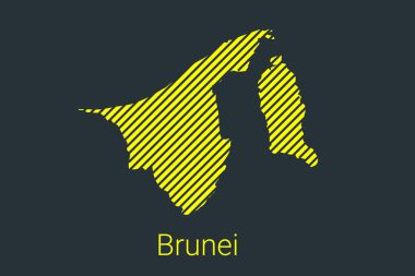 Brunei haritası, koronavirüs bilgi grafikleri ve karantina alanı işaretleyicileri ve kısıtlamaları için sarı arka planda siyah şeritli bir harita. vektör