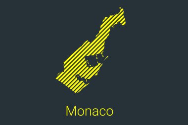 Monako haritası, koronavirüs bilgi grafikleri ve karantina alanı işaretleyicileri ve kısıtlamaları için sarı arka planda siyah şeritli bir harita. vektör