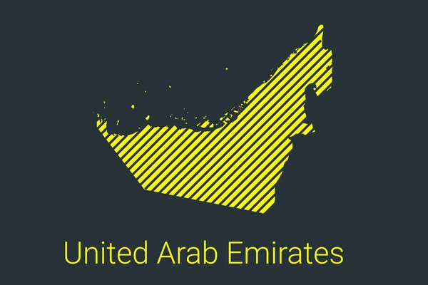 Mapa Zjednoczonych Emiratów Arabskich, mapa w paski w czarnym pasku na żółtym tle dla infografik koronawirusów i markerów obszaru kwarantanny i ograniczeń. wektor — Wektor stockowy