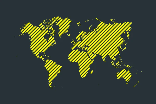 Mapa světa, pruhovaná mapa v černém pruhu na žlutém pozadí pro koronavirovou infografiku a karanténní značky a omezení. vektor — Stockový vektor
