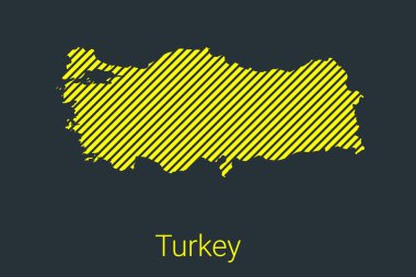 Türkiye haritası, koronavirüs bilgi grafikleri ve karantina alanı işaretleyicileri ve kısıtlamaları için sarı arka planda siyah şeritli bir harita. vektör illüstrasyonu
