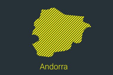 Andorra haritası, koronavirüs bilgi grafikleri ve karantina alanı işaretleyicileri ve kısıtlamaları için sarı zemin üzerinde siyah şeritli bir harita. vektör