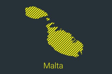 Malta haritası, koronavirüs bilgi grafikleri ve karantina alanı işaretleyicileri ve kısıtlamaları için sarı zemin üzerinde siyah şeritli bir harita. vektör
