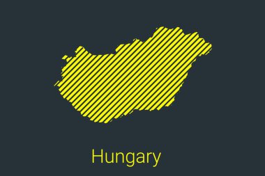Macaristan haritası, koronavirüs bilgi grafikleri ve karantina alanı işaretleyicileri ve kısıtlamaları için sarı arka planda siyah şeritli bir harita. vektör illüstrasyonu