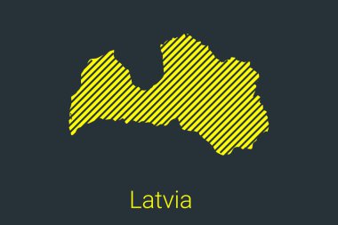 Letonya haritası, koronavirüs bilgi grafikleri ve karantina alanı işaretleyicileri ve kısıtlamaları için sarı arka planda siyah şeritli bir harita. vektör illüstrasyonu