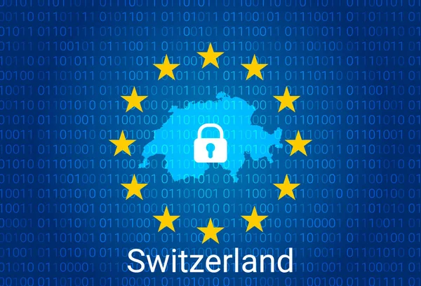 ロックとバイナリコードの背景を持つスイスの地図 欧州連合のインターネット ブロックウイルス攻撃プライバシー保護 ベクターイラスト — ストックベクタ