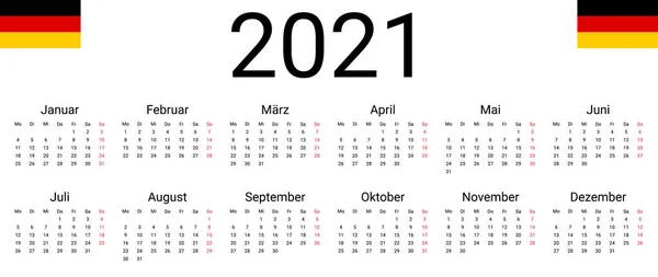 Duitsland 2021 Kalender Vector Ontwerp Template Start Vanaf Maandag Volledige — Stockvector