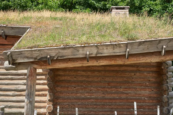 Fragment of a wooden log building with an earthen roof