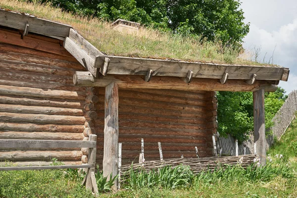 Фрагмент Деревянного Бревенчатого Здания Земляной Крышей — стоковое фото