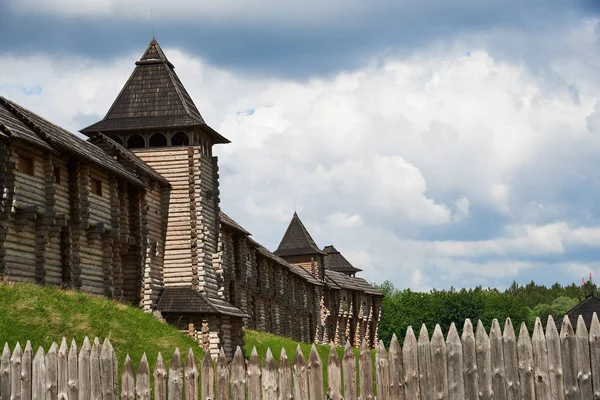 一座有塔楼 墙壁和栅栏的木制城堡的碎片 重建位于乌克兰基辅地区Kopachov村的11世纪要塞 — 图库照片