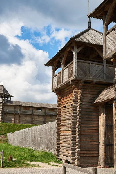 壁と柵を持つ木製の要塞の断片 11世紀の要塞の復元 ウクライナに位置しています キエフ地域 村コパチョフ ストック写真