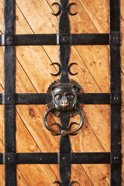 ライオンの頭の形をした金属手作りのハンドルを持つ木製の強化金属ストリップドアの断片 — ストック写真