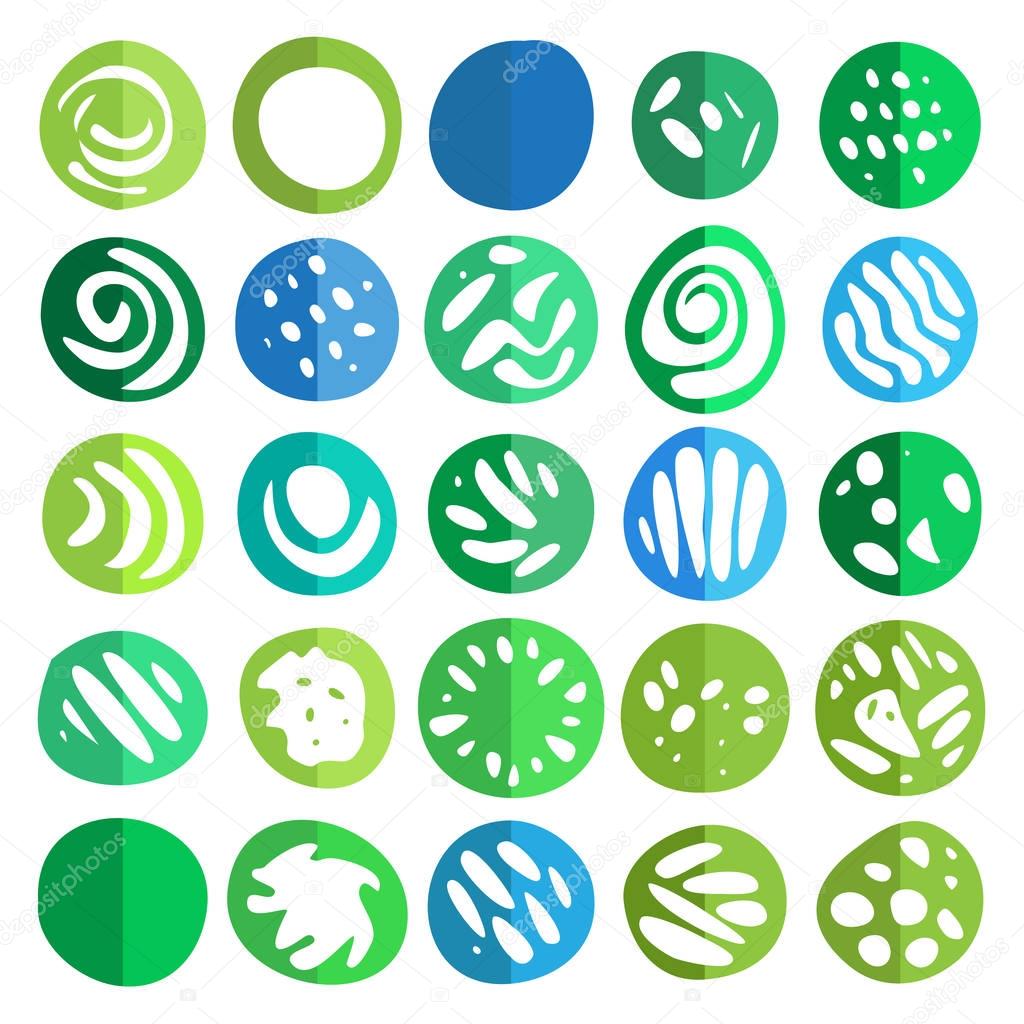 Set Of Green and Blue Hand Drawn Circle Elements In Flat Style.