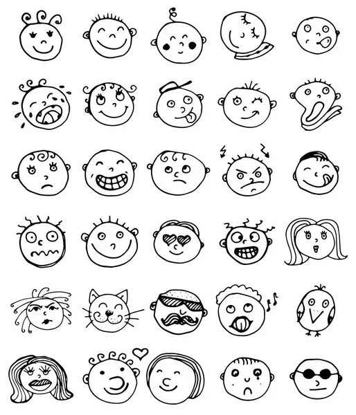 Set di trenta emoticon vettoriali disegnate a mano o smiley — Vettoriale Stock