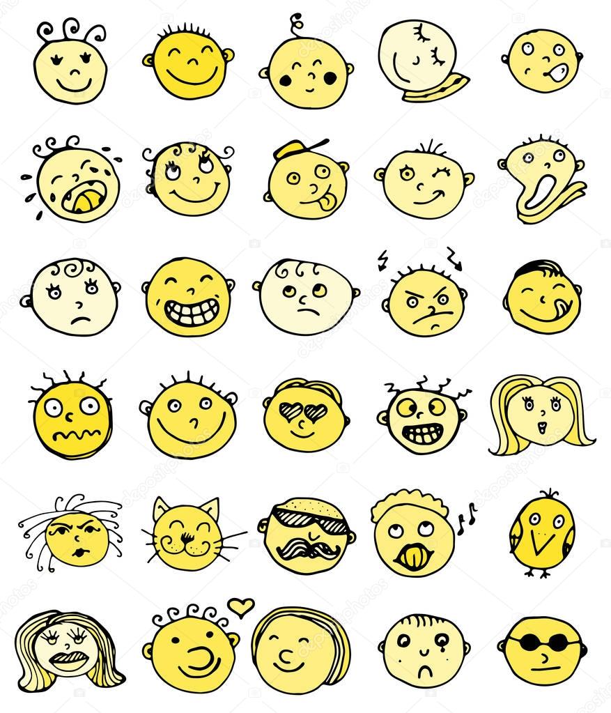 Set of thirty hand drawn vector emoticons or smileys