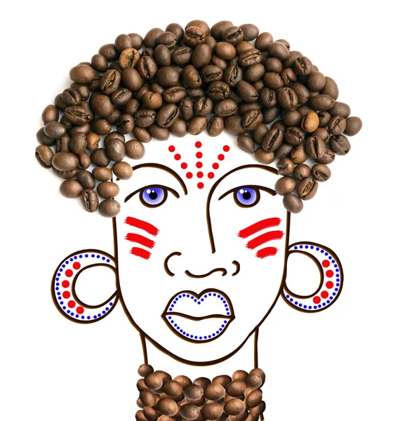 Collage d'un personnage fictif des cheveux décoré avec des grains de café — Photo