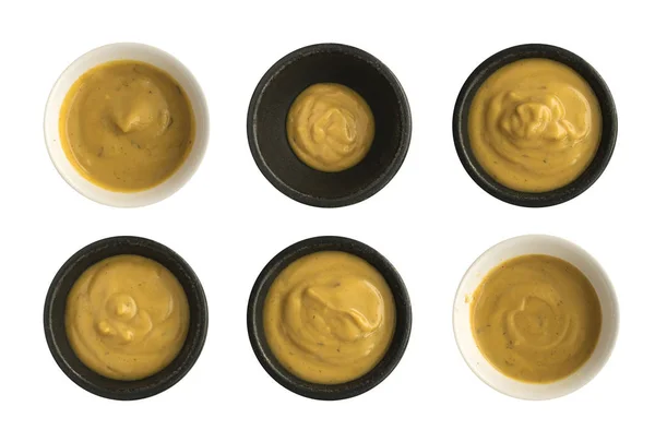 Set of Mustard Sauce in Round Bowls Isolated on White Background — Stock Photo, Image