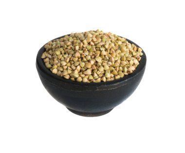 Yeşil buğday tahıl izole siyah yuvarlak kase kuru