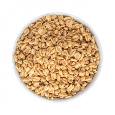 Şişkin buğday meze beyaz yuvarlak kase izole yığını