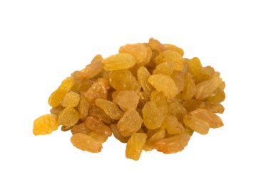 Beyaz zemin üzerine sarı çekirdeksiz kuru üzüm kuru üzüm yığını