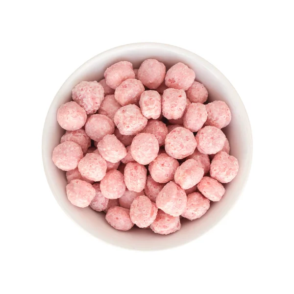 Солодкі фрукти рожеві кукурудзяні кульки Закуска в круглому мисці вид зверху — стокове фото
