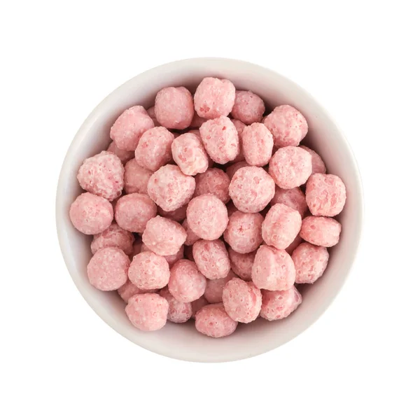 Солодкі фрукти рожеві кукурудзяні кульки Закуска в круглому мисці вид зверху — стокове фото