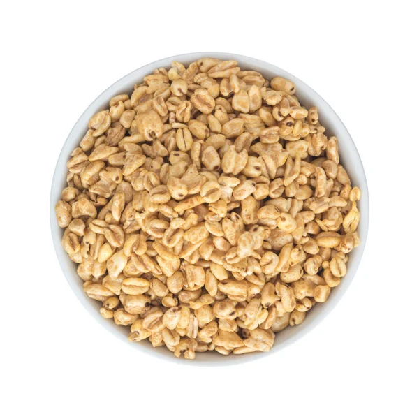 Heap of Puffed Wheat Snack in White Round Bowl Isolated — Stock Photo, Image