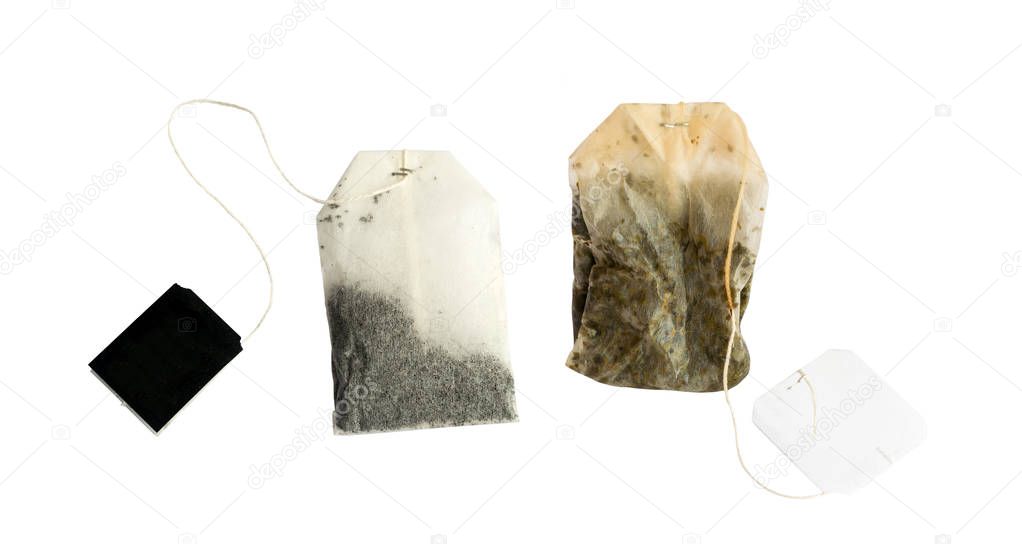 New and Used Tea Bag with Black Labels Isolated