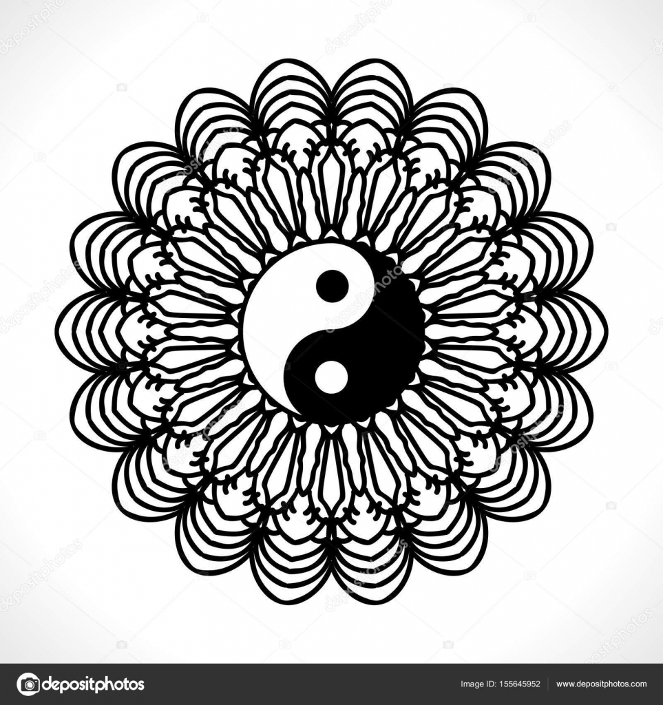 Mandala del fiore di vettore con il simbolo di Yin Yang per il libro da colorare e disegno indiano Bianco e nero marocchino Spagna bagno turco Pakistan