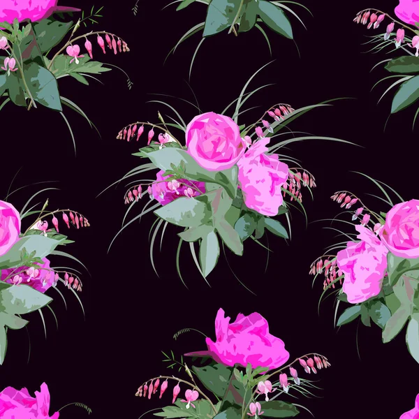 Trendy Floral Pattern Peony Flowers Bleeding Heart Flowers Imitación Vectorial — Archivo Imágenes Vectoriales