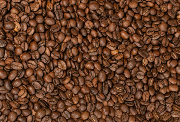Dark whole coffee beans on brown background with copyspace. Roasted coffe grains for menu, banner template, or recipe image design