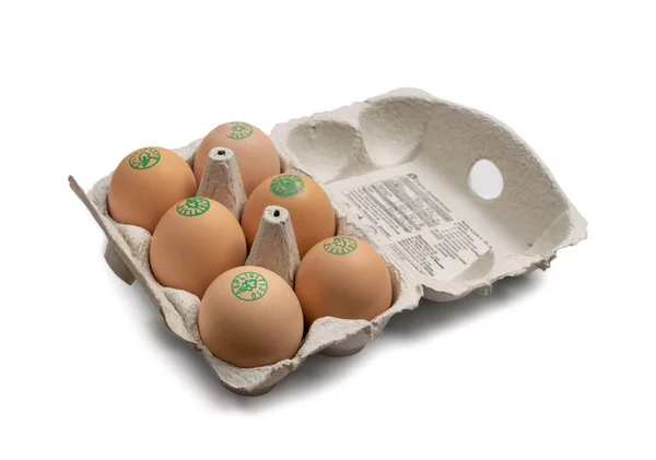 Pack of 6 Fresh Chicken Bio Eggs in Polish Carrefour Isolated — 스톡 사진