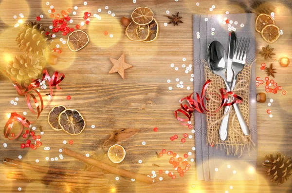 Christmas Dinner Table Setting with Cutlery and Winter Spices — 스톡 사진