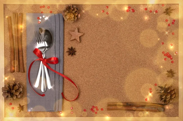 Christmas Dinner Table Setting with Cutlery and Winter Spices — 스톡 사진