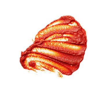 Ketçap sıçraması ya da beyaz arka planda izole edilmiş domates sosu damlası. Katsup yapıştırıcısı ya da pomidor sıçrama yukarı görünüm