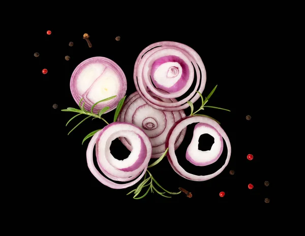 Fresh Sliced Red Onion Isolated Black Background Clipping Path Raw — Stock Photo, Image